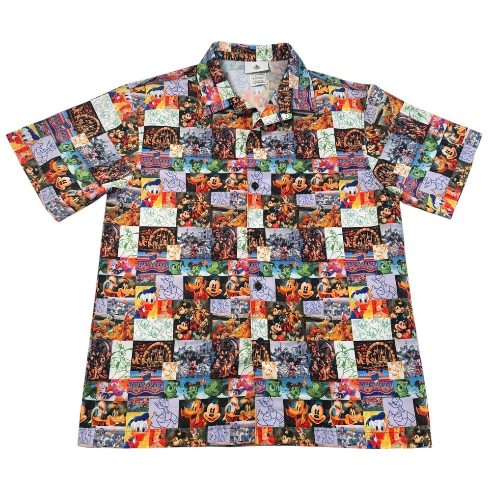 Disney Parks Mickey Mouse Friends Character Grid Print Camp Shirt Mens Medium